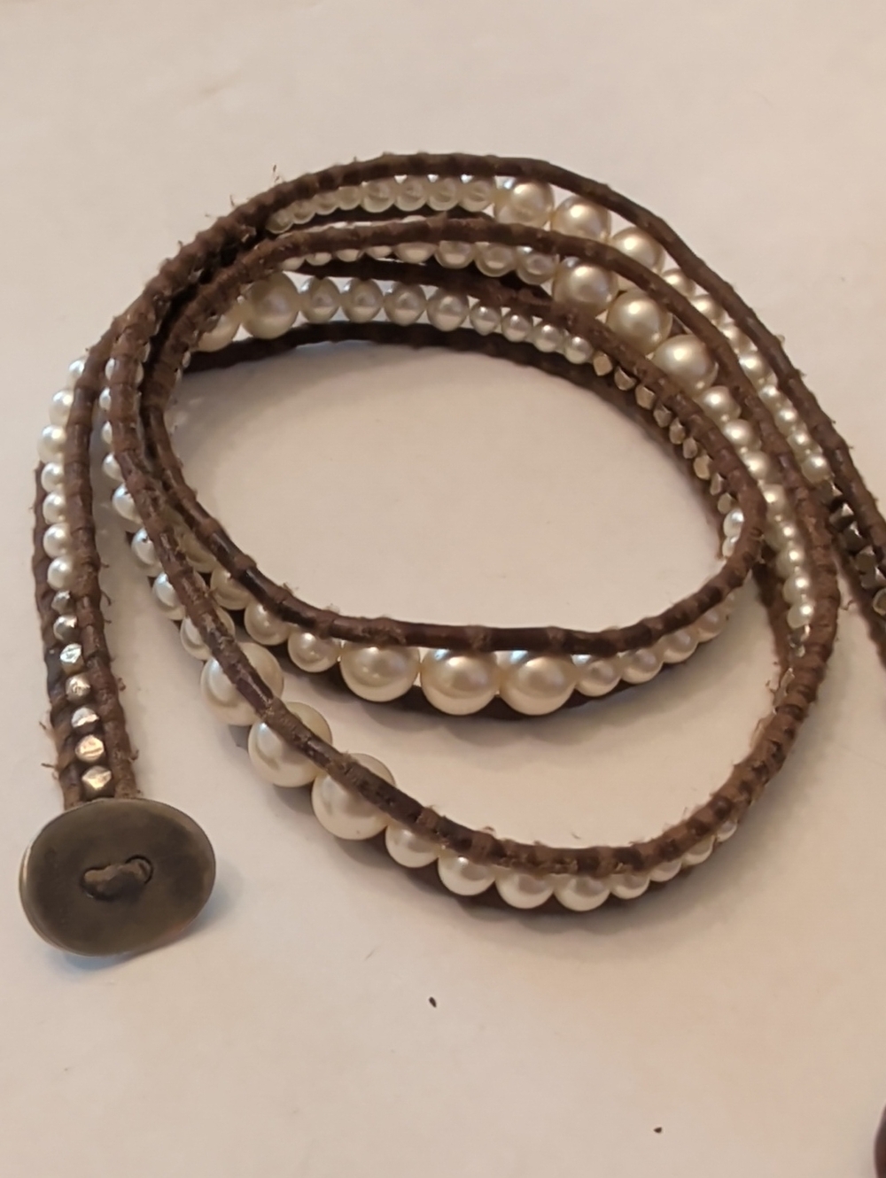 Chan Luu Brown Leather Wrap Bracelet with White Pearls